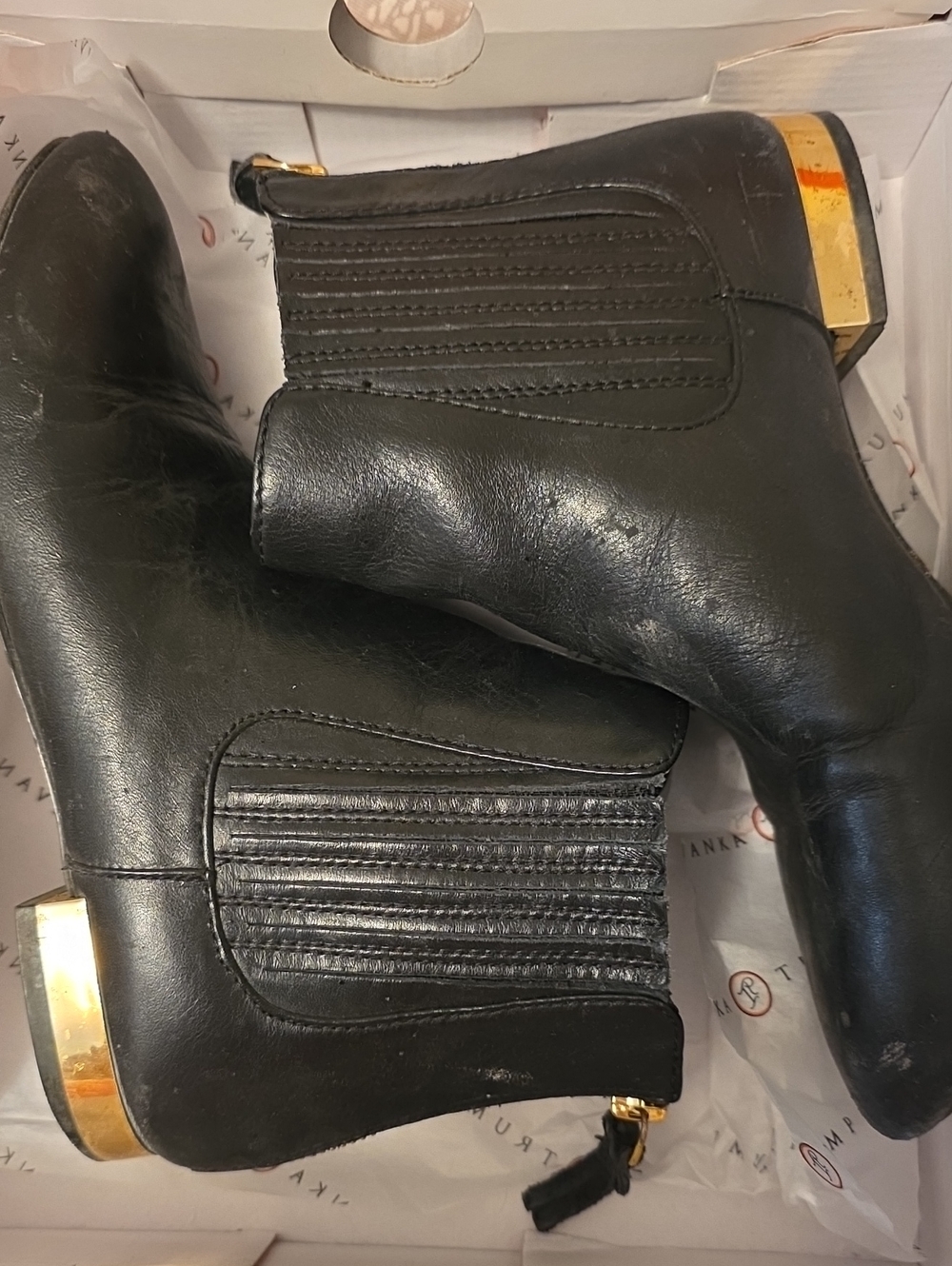 Ivanka Trump Black Leather Ankle Booties with Gold Heel Accent